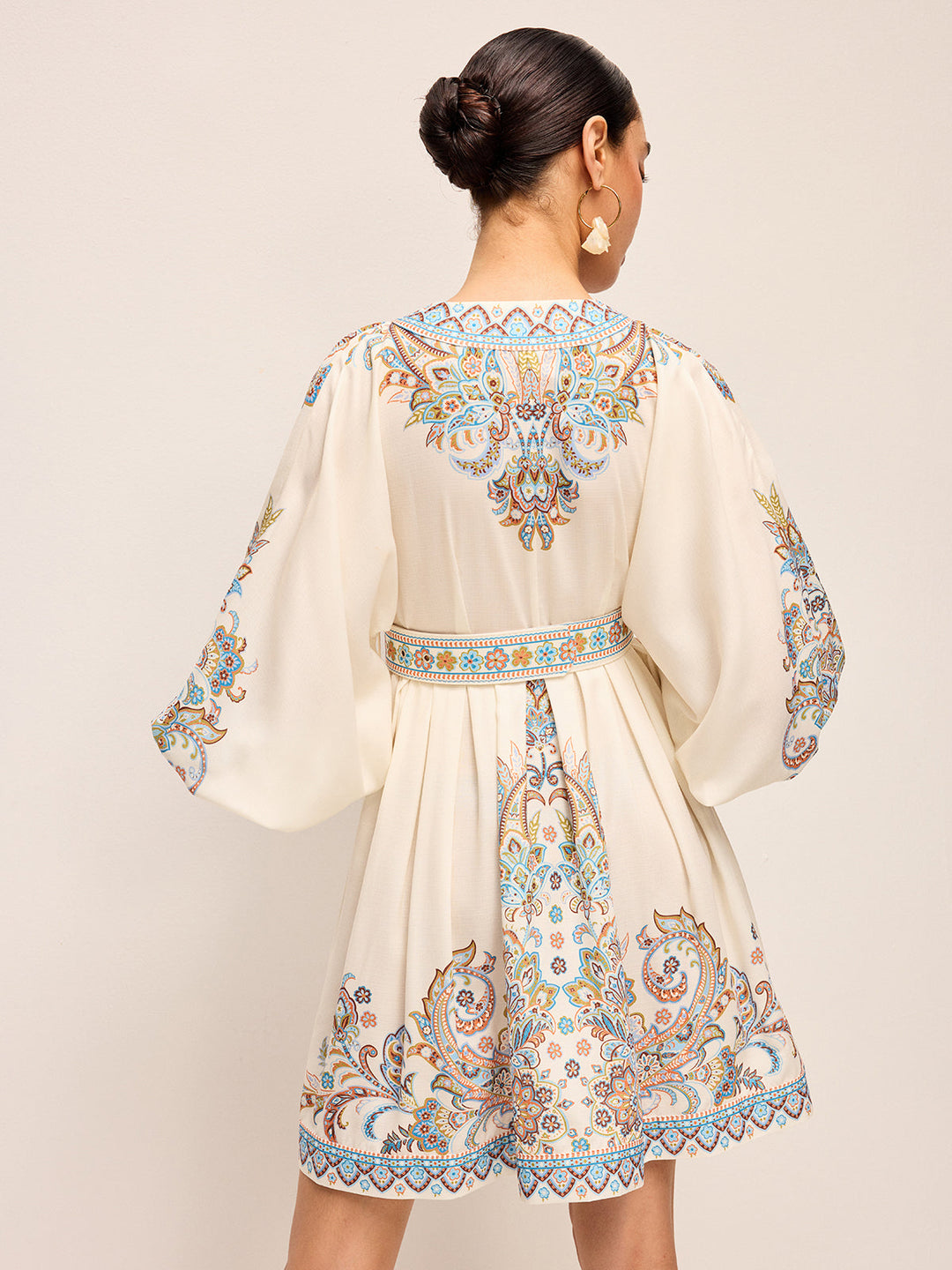 Robe Ceinture Col V Bohème Avec Manches Ballon