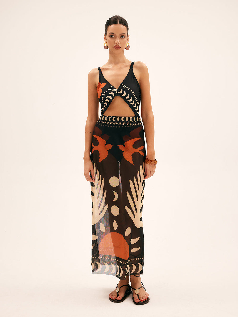 Jupe Maxi Transparente à Imprimé d'Oiseau