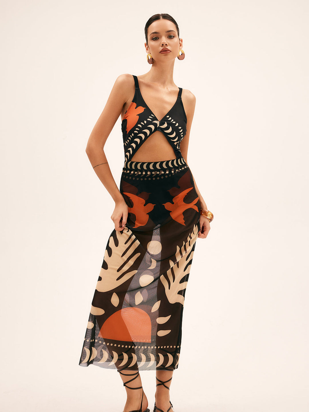 Jupe Maxi Transparente à Imprimé d'Oiseau