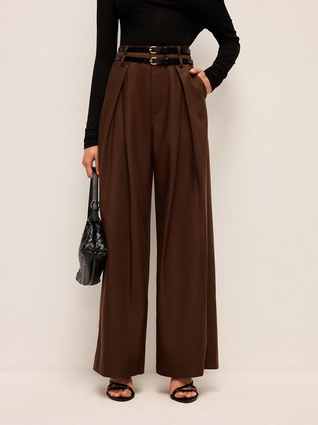 Pantalons Taille Haute Jambe Large Avec Ceintures Doubles