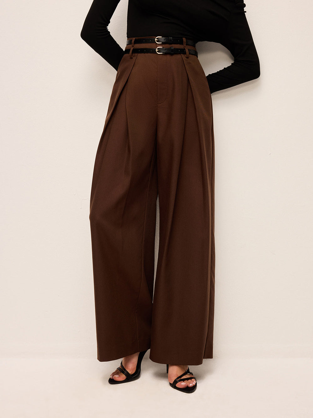 Pantalons Taille Haute Jambe Large Avec Ceintures Doubles