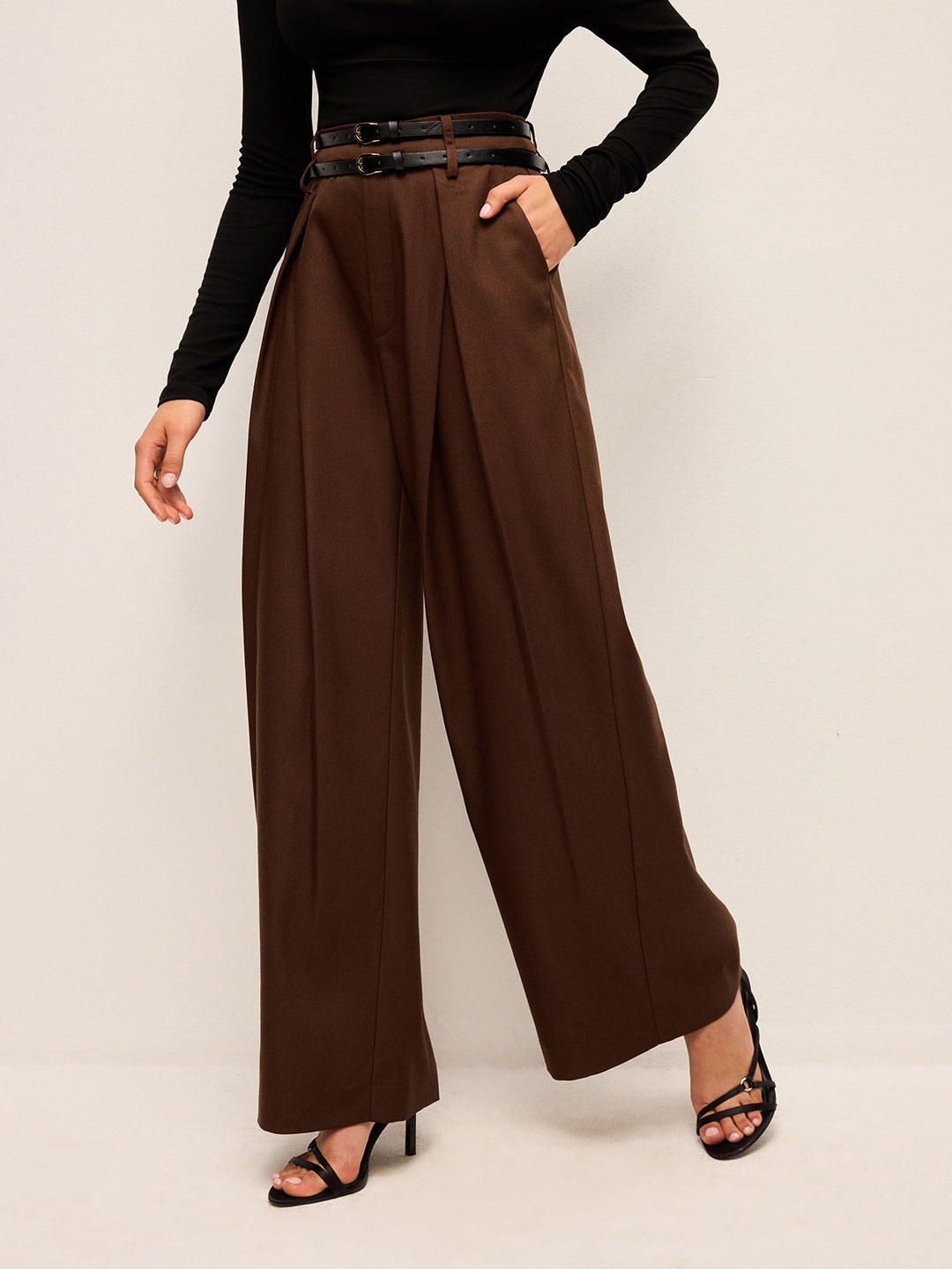 Pantalons Taille Haute Jambe Large Avec Ceintures Doubles