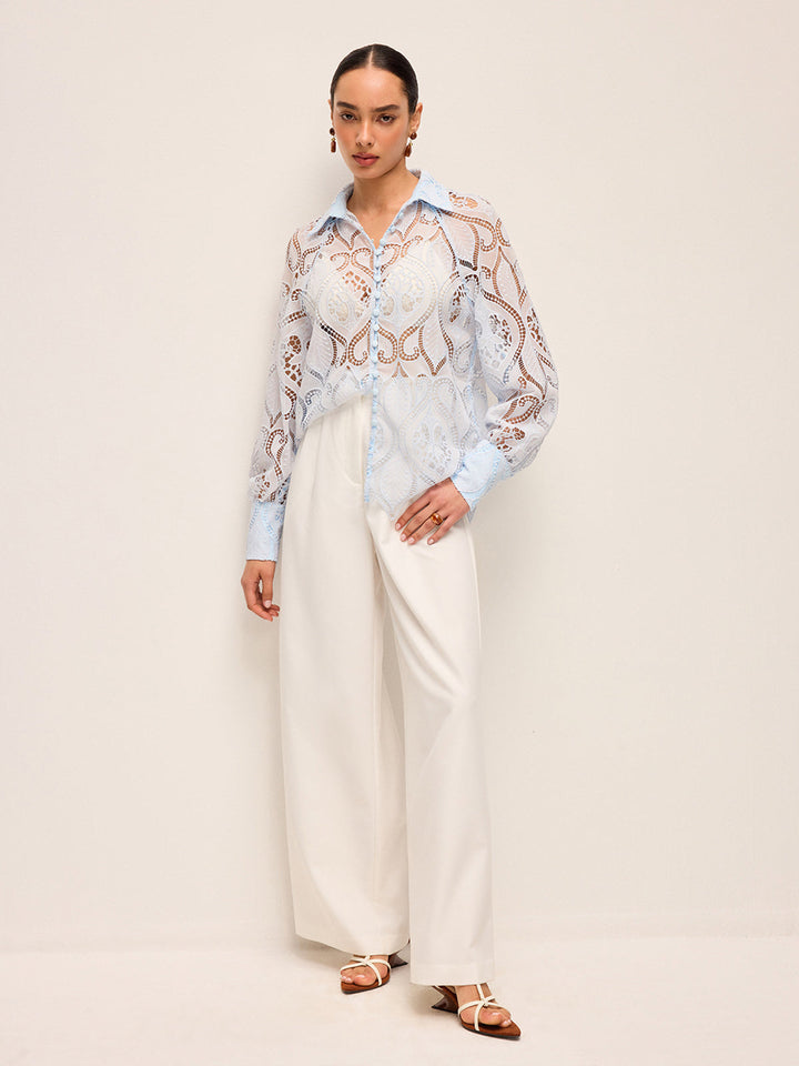 Blouse en Dentelle Transparente avec Bouton en Tissu