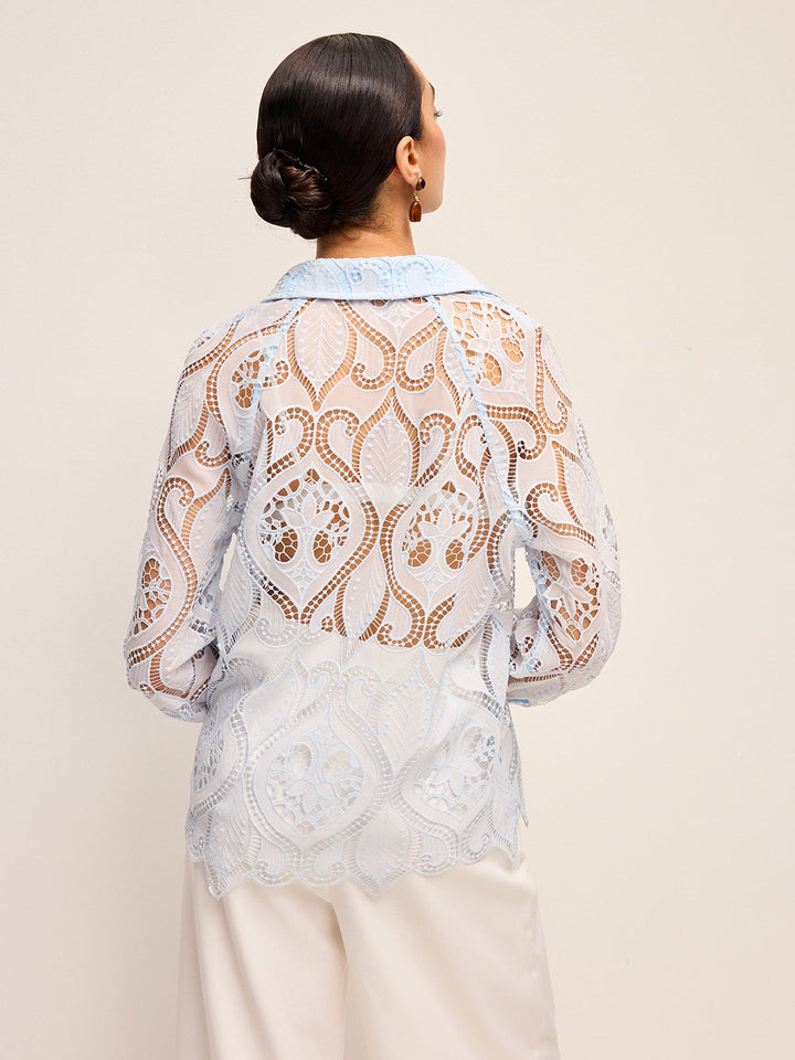Blouse en Dentelle Transparente avec Bouton en Tissu