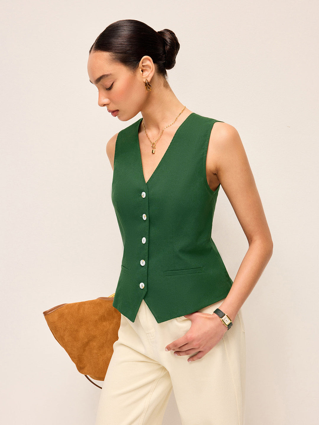 Gilet asymétrique boutonné en coton et lin avec nœud dans le dos