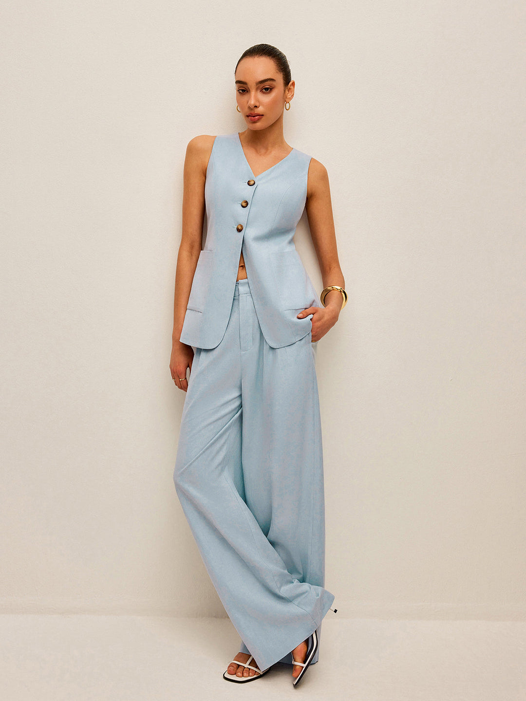 Ensemble Gilet et Pantalon en Coton et Lin à Dos Lié