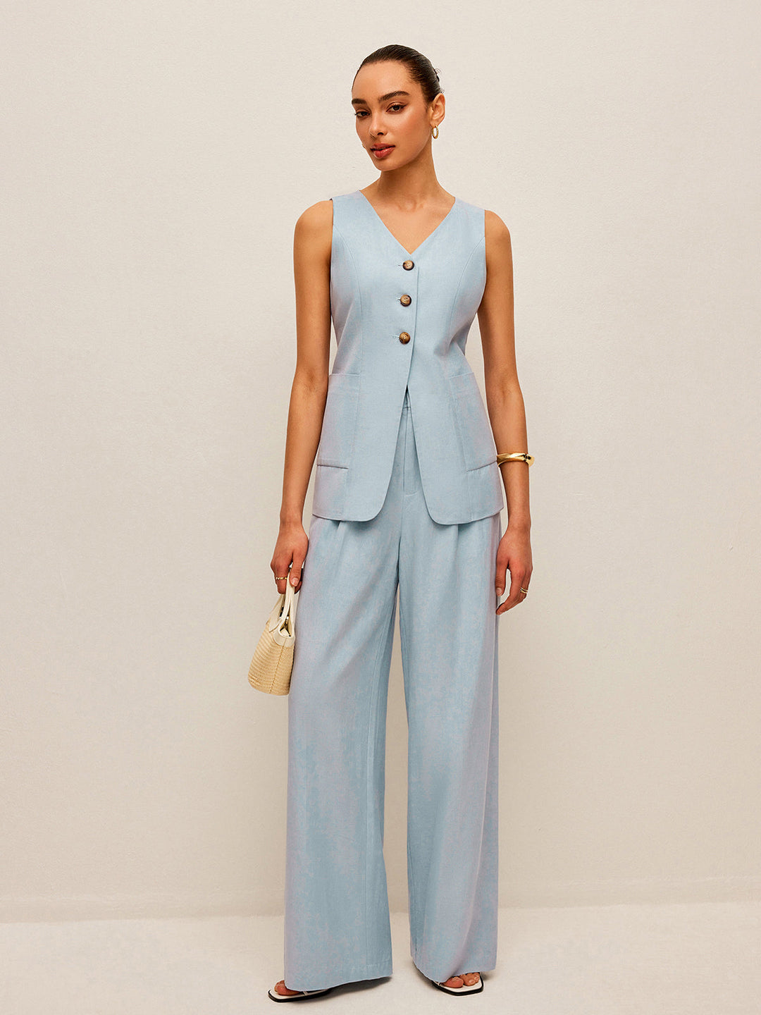 Ensemble Gilet et Pantalon en Coton et Lin à Dos Lié