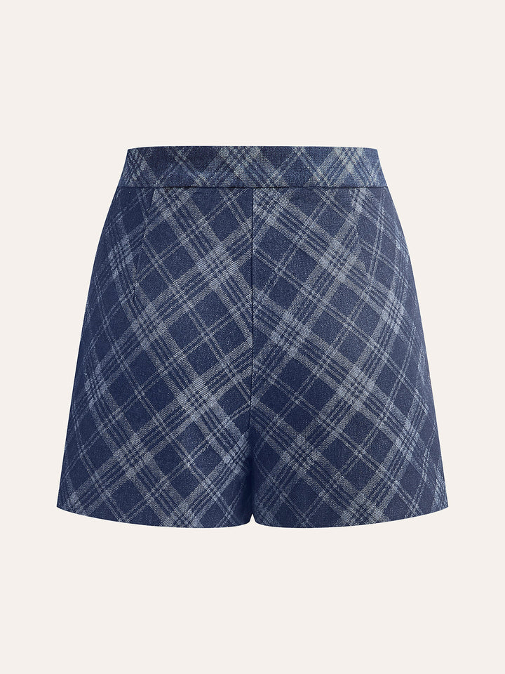 Short en jean taille mi-haute à imprimé à carreaux
