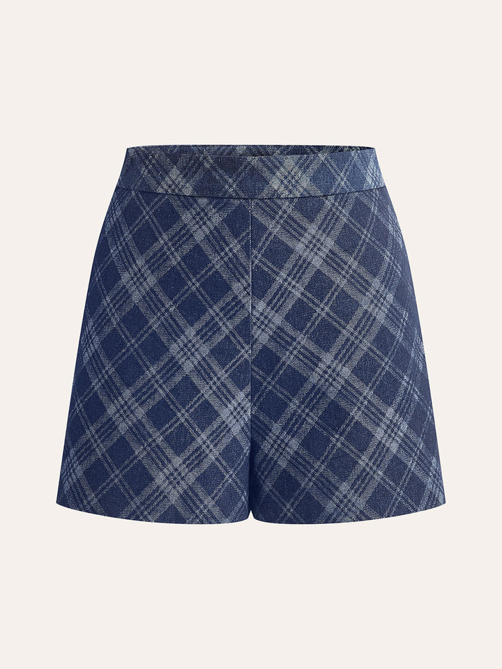 Short en jean taille mi-haute à imprimé à carreaux
