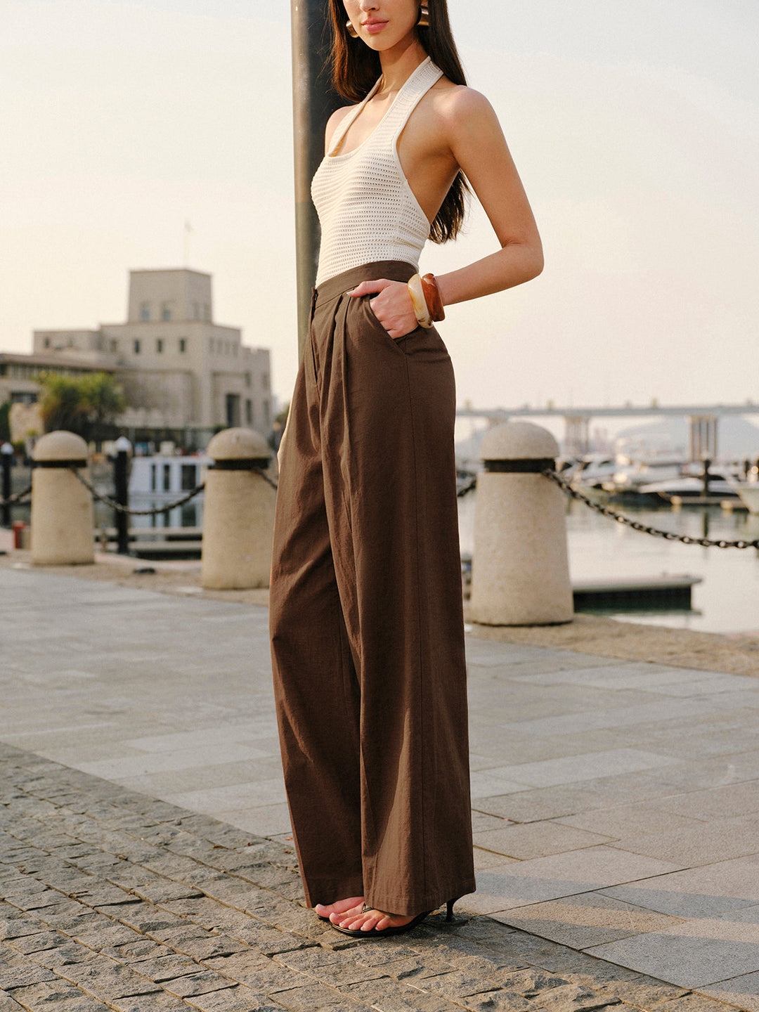 Pantalon mi-taille en coton et lin