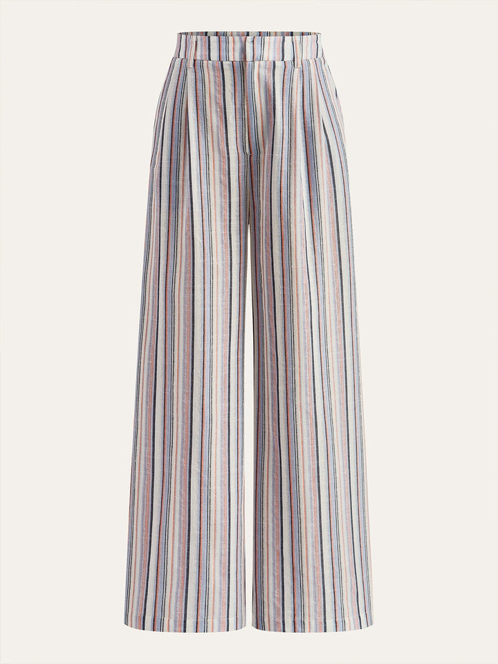 Pantalon Large Taille Mi-Haute Rayé en Lin et Coton