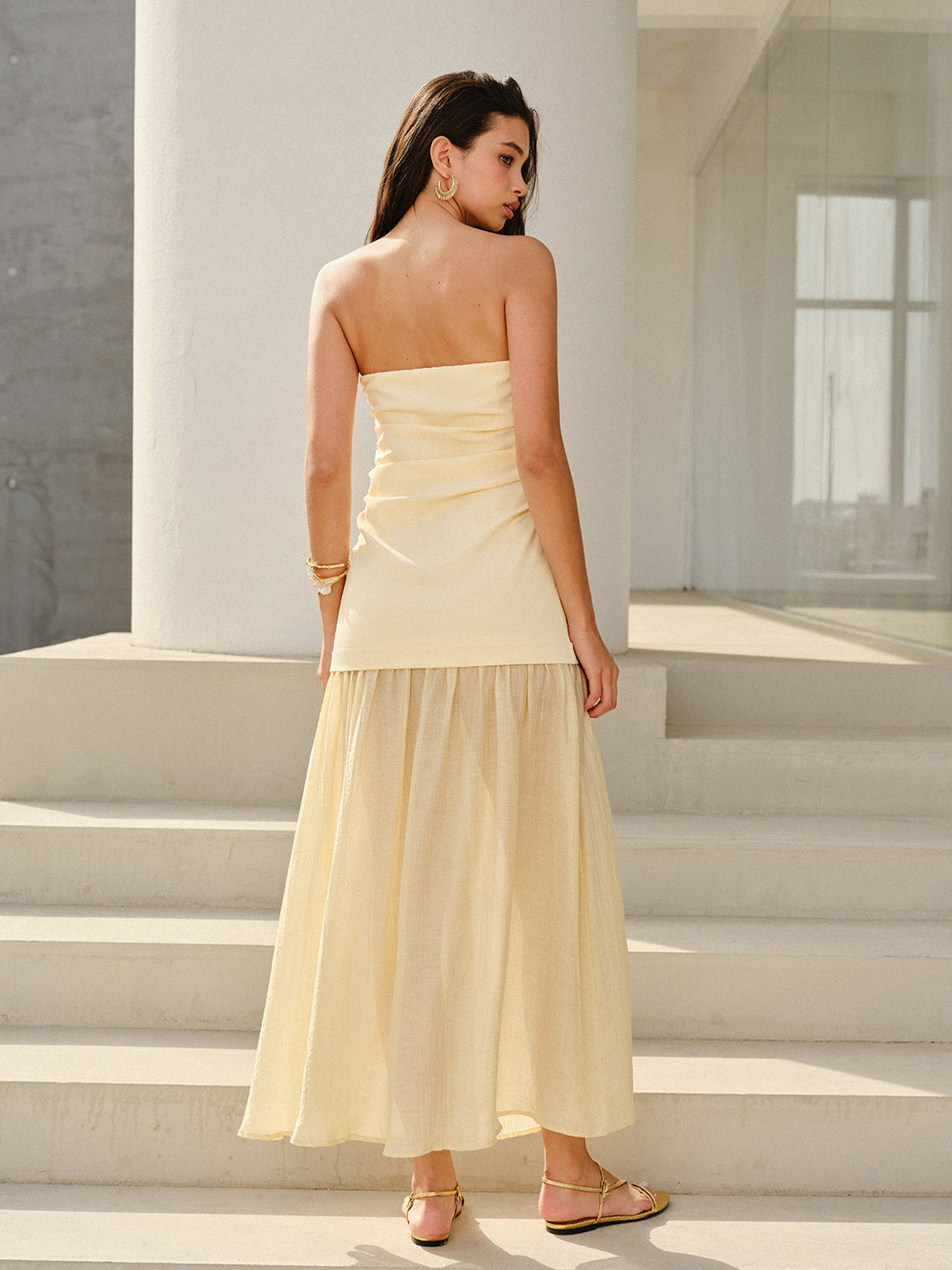 Robe Maxi Sans Bretelles Ruchée Semi-Transparente