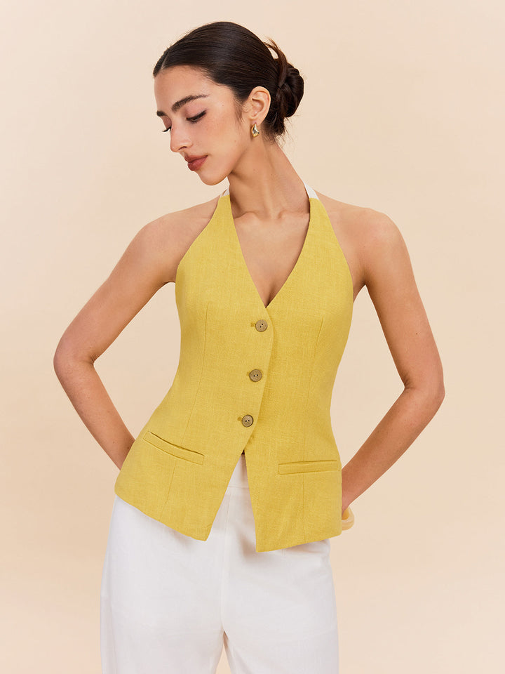 Haut dos nu en coton et lin avec poche décorative