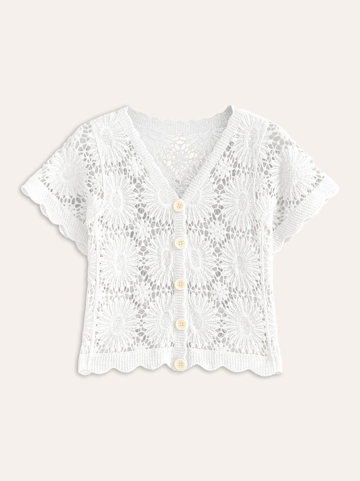 Cardigan Boutonné Fleuri au Crochet