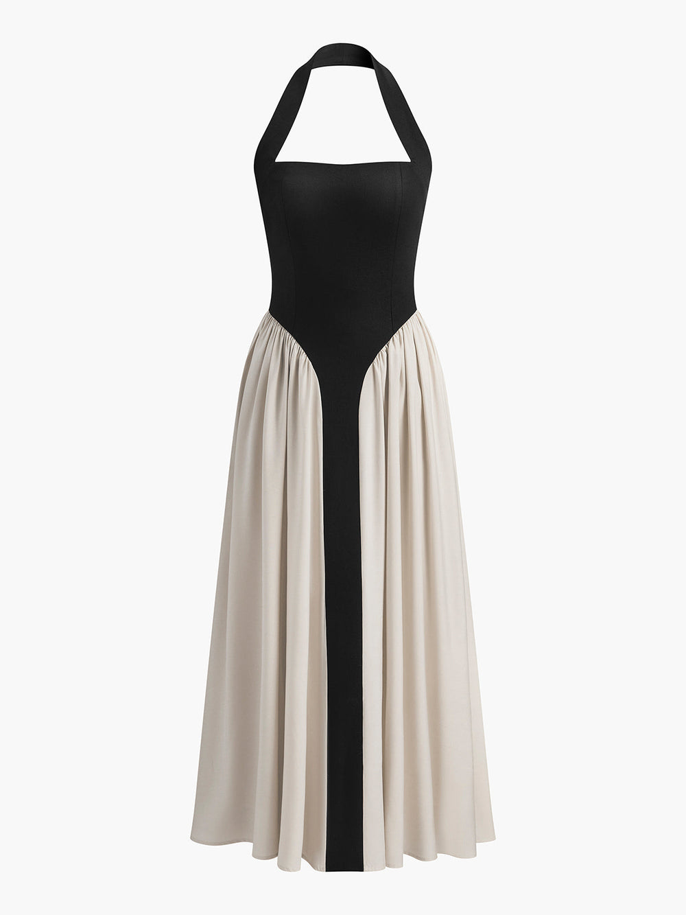 Robe Longue Sans Manches en Lin avec Col Haltère Color Block