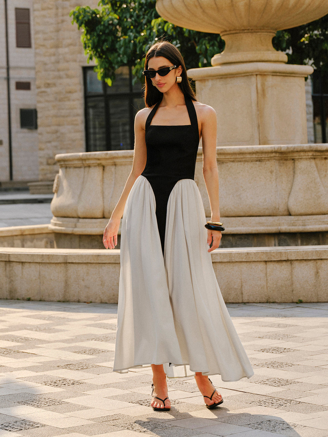 Robe Longue Sans Manches en Lin avec Col Haltère Color Block