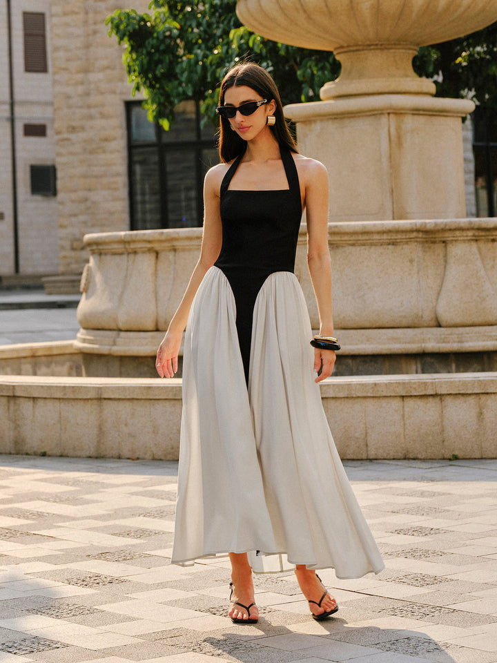 Robe Longue Sans Manches en Lin avec Col Haltère Color Block