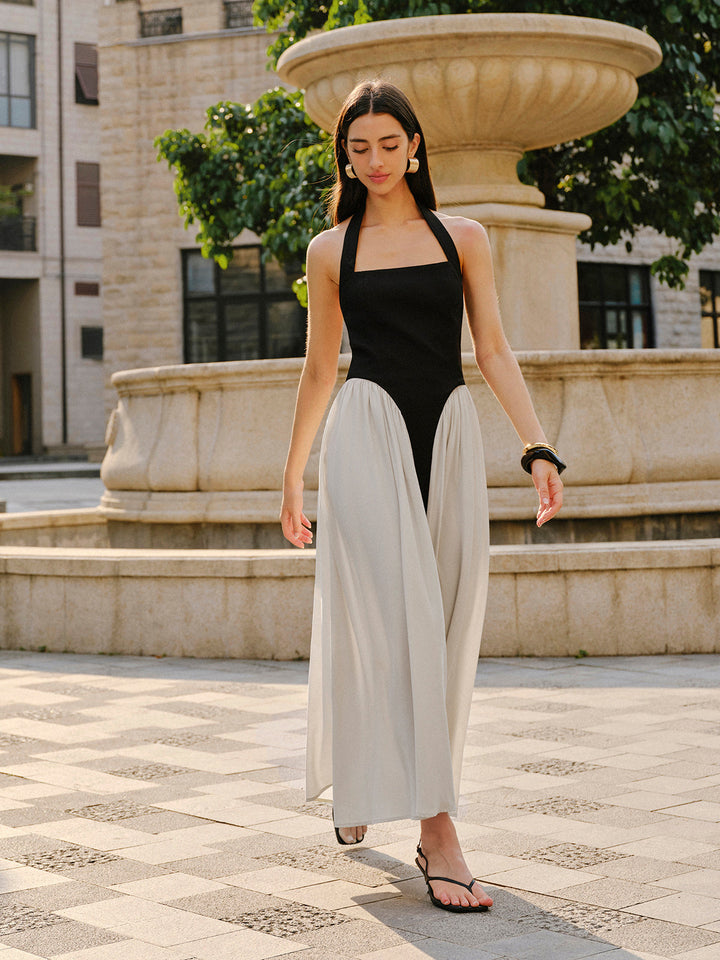 Robe Longue Sans Manches en Lin avec Col Haltère Color Block