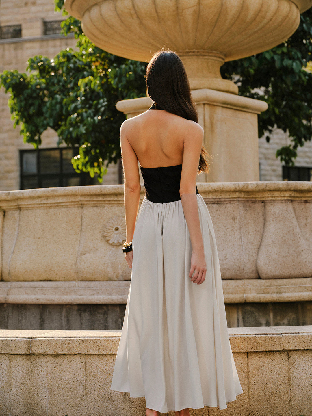 Robe Longue Sans Manches en Lin avec Col Haltère Color Block