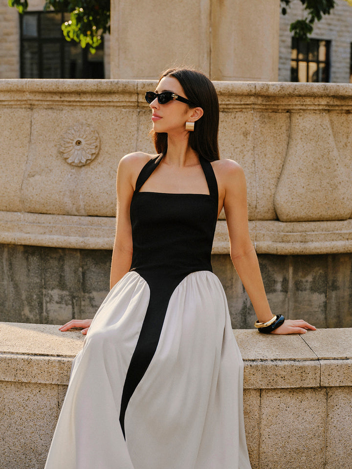 Robe Longue Sans Manches en Lin avec Col Haltère Color Block