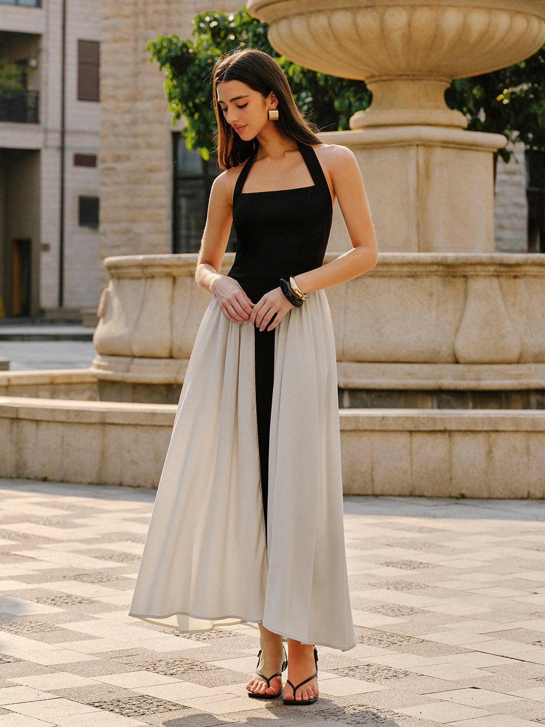 Robe Longue Sans Manches en Lin avec Col Haltère Color Block