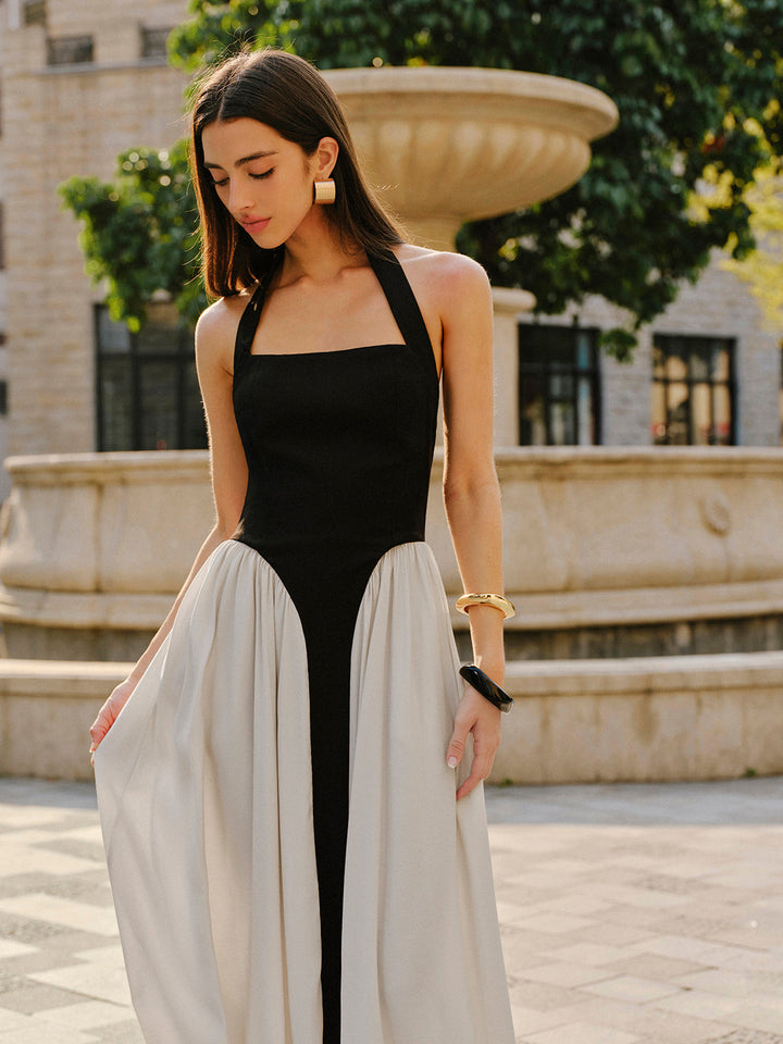 Robe Longue Sans Manches en Lin avec Col Haltère Color Block