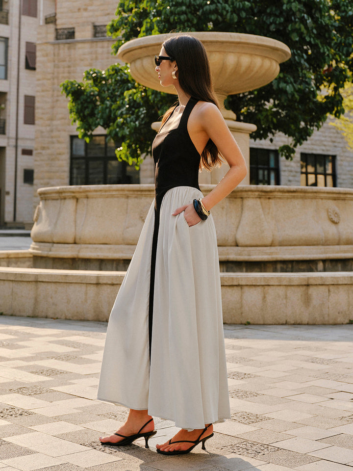 Robe Longue Sans Manches en Lin avec Col Haltère Color Block
