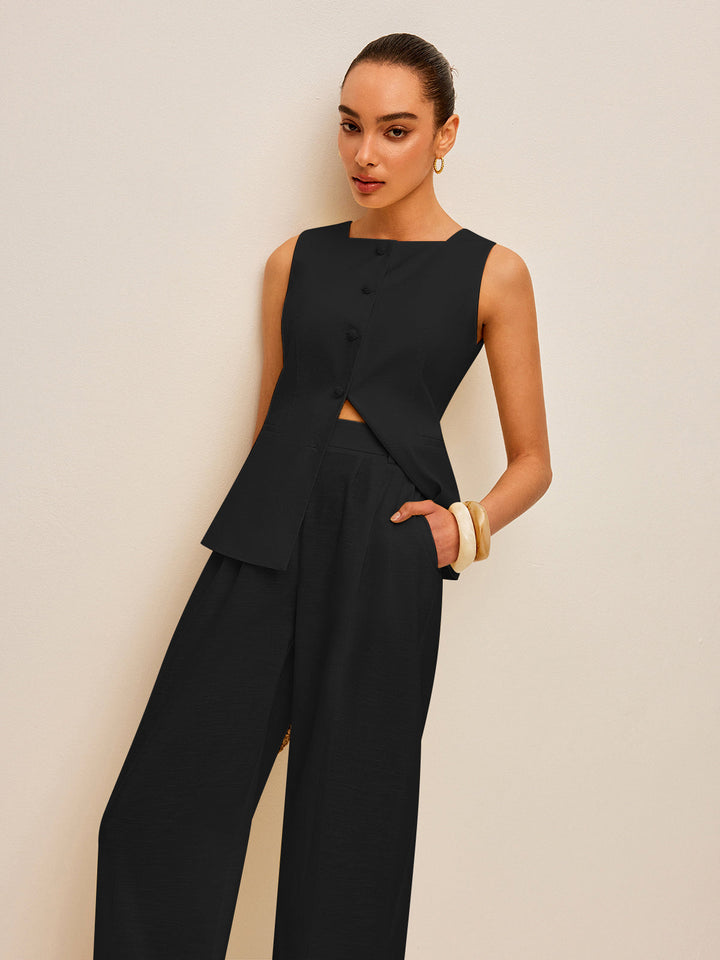 Ensemble pantalon et gilet à nouer en coton et lin avec poches