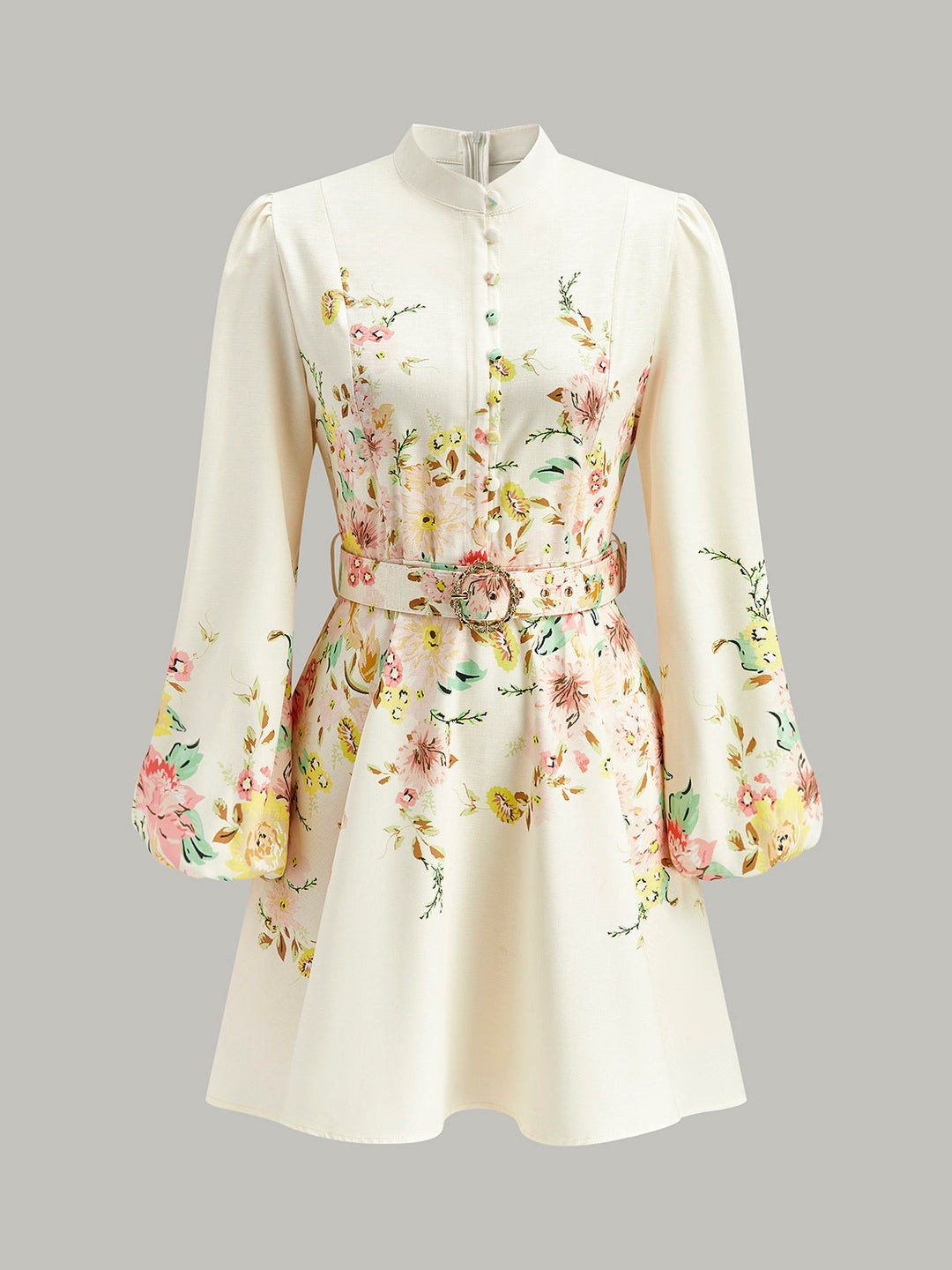 Robe à Manches Longues à Boutons Imprimée Florale avec Ceinture