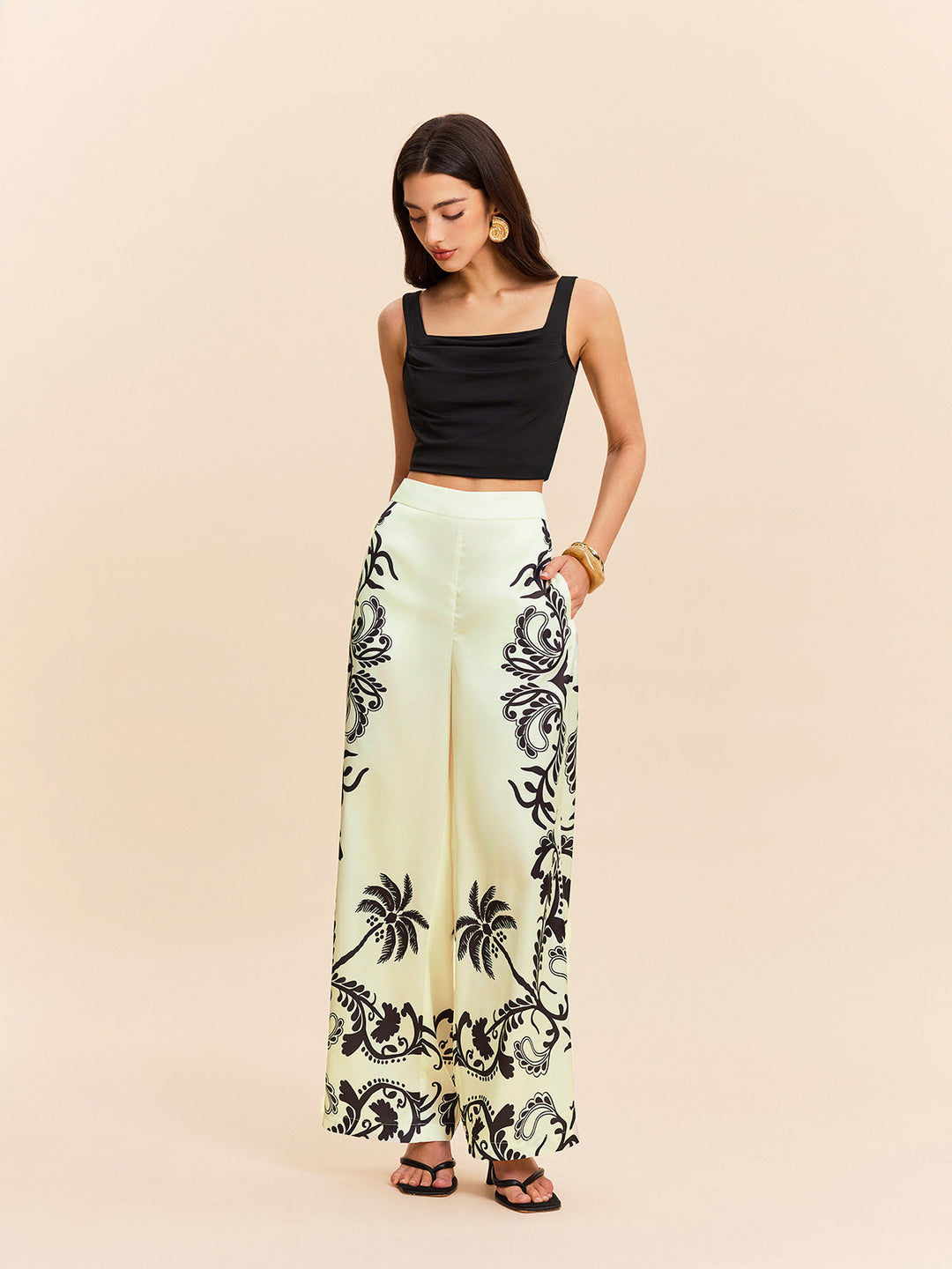 Pantalons Taille Haute Imprimé Tropical Satiné
