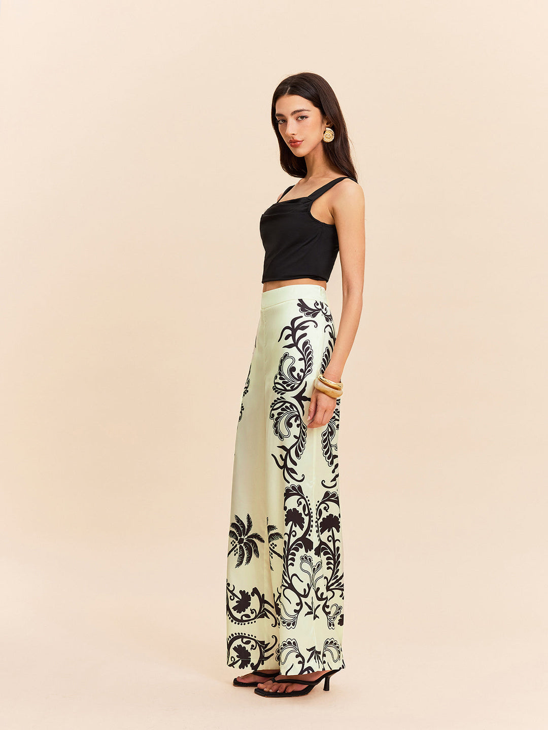 Pantalons Taille Haute Imprimé Tropical Satiné