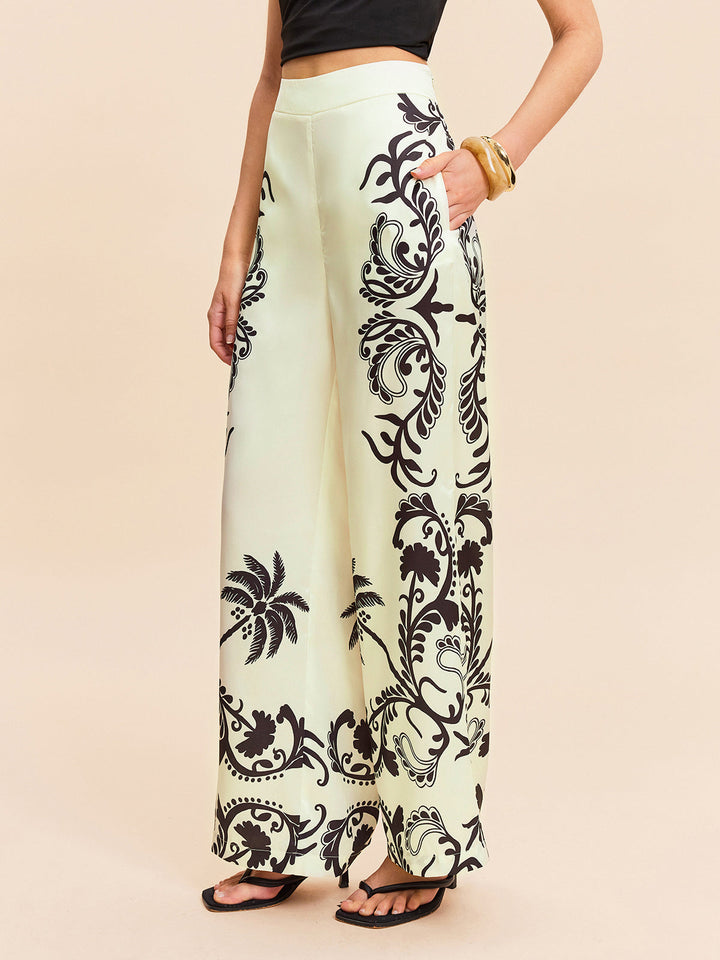Pantalons Taille Haute Imprimé Tropical Satiné