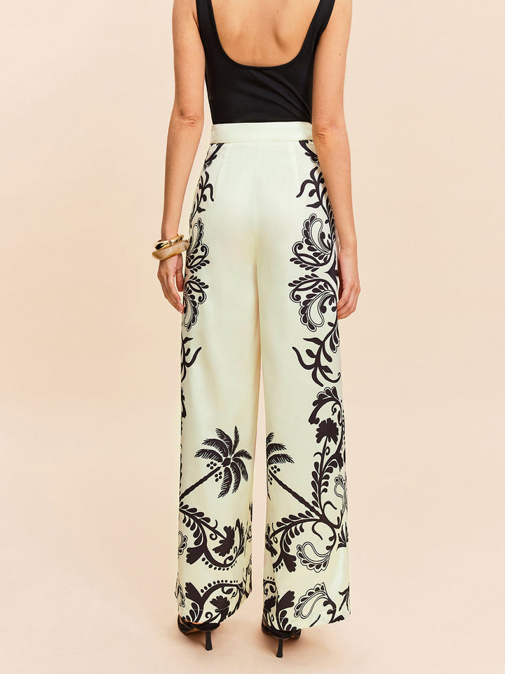 Pantalons Taille Haute Imprimé Tropical Satiné