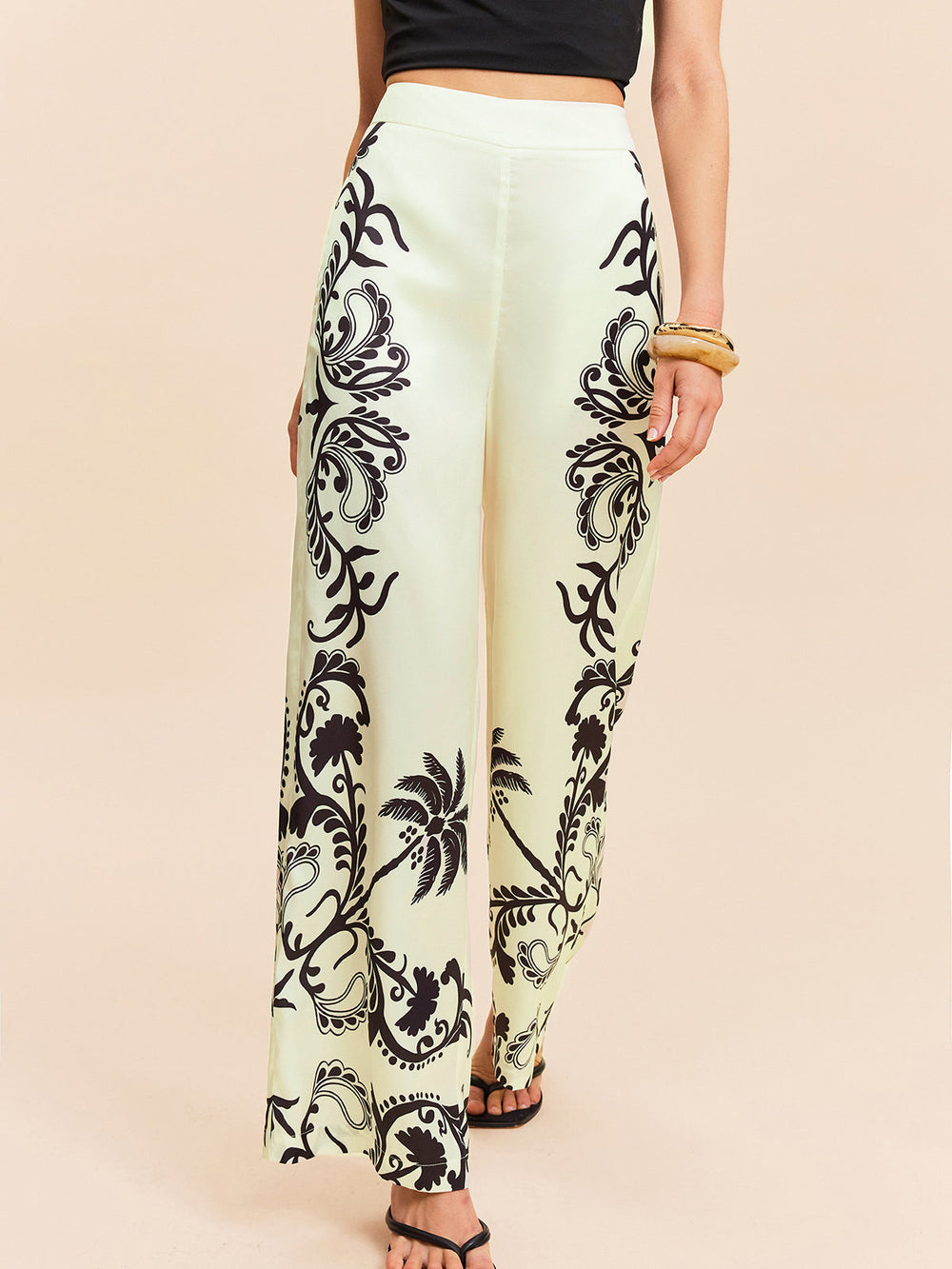 Pantalons Taille Haute Imprimé Tropical Satiné
