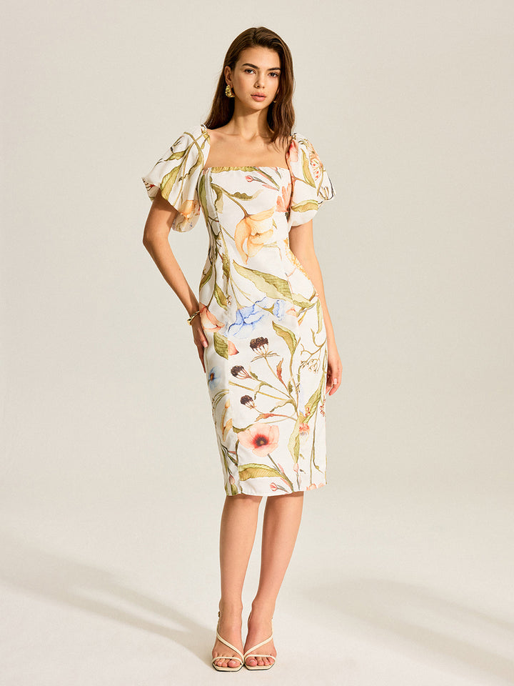 Robe Dos Nu Florale à Manches Bouffantes