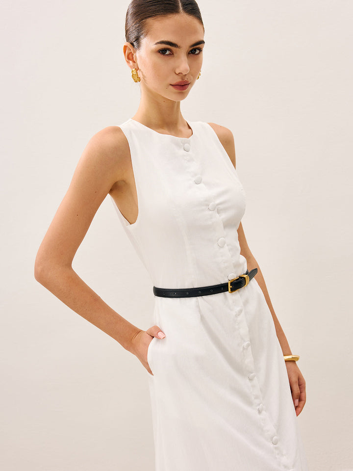 Robe sans manches en coton et lin avec boutonnage sur le devant sans ceinture