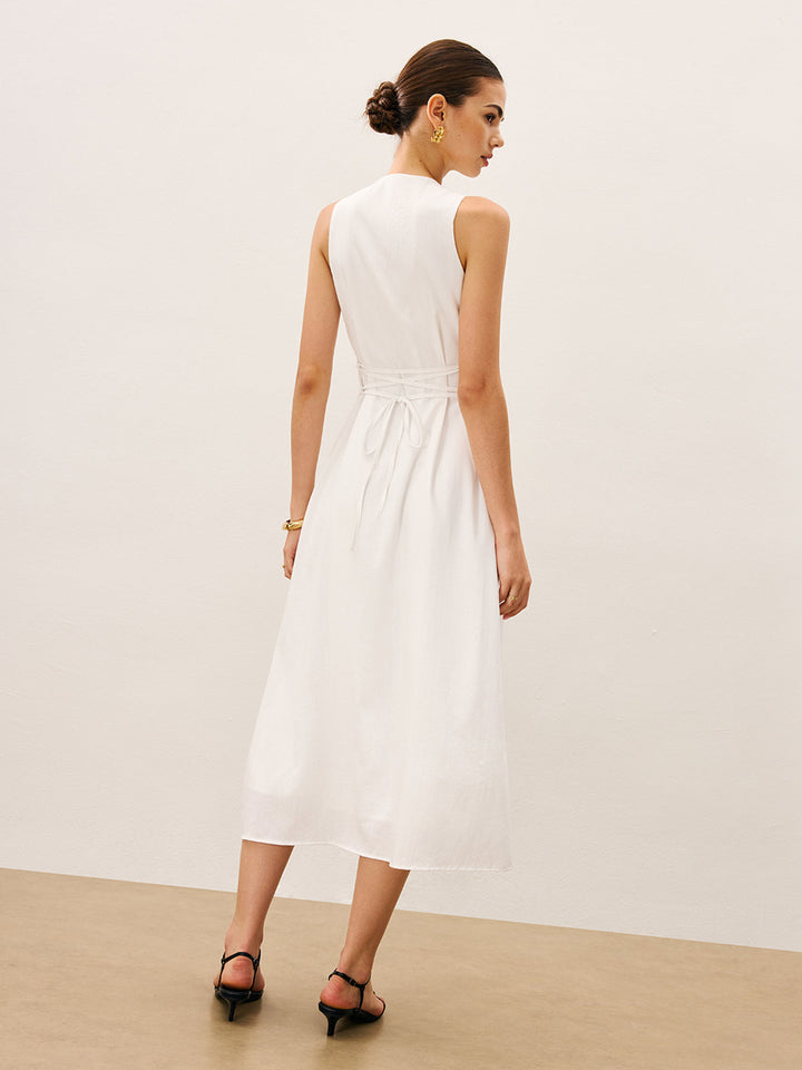 Robe sans manches en coton et lin avec boutonnage sur le devant sans ceinture