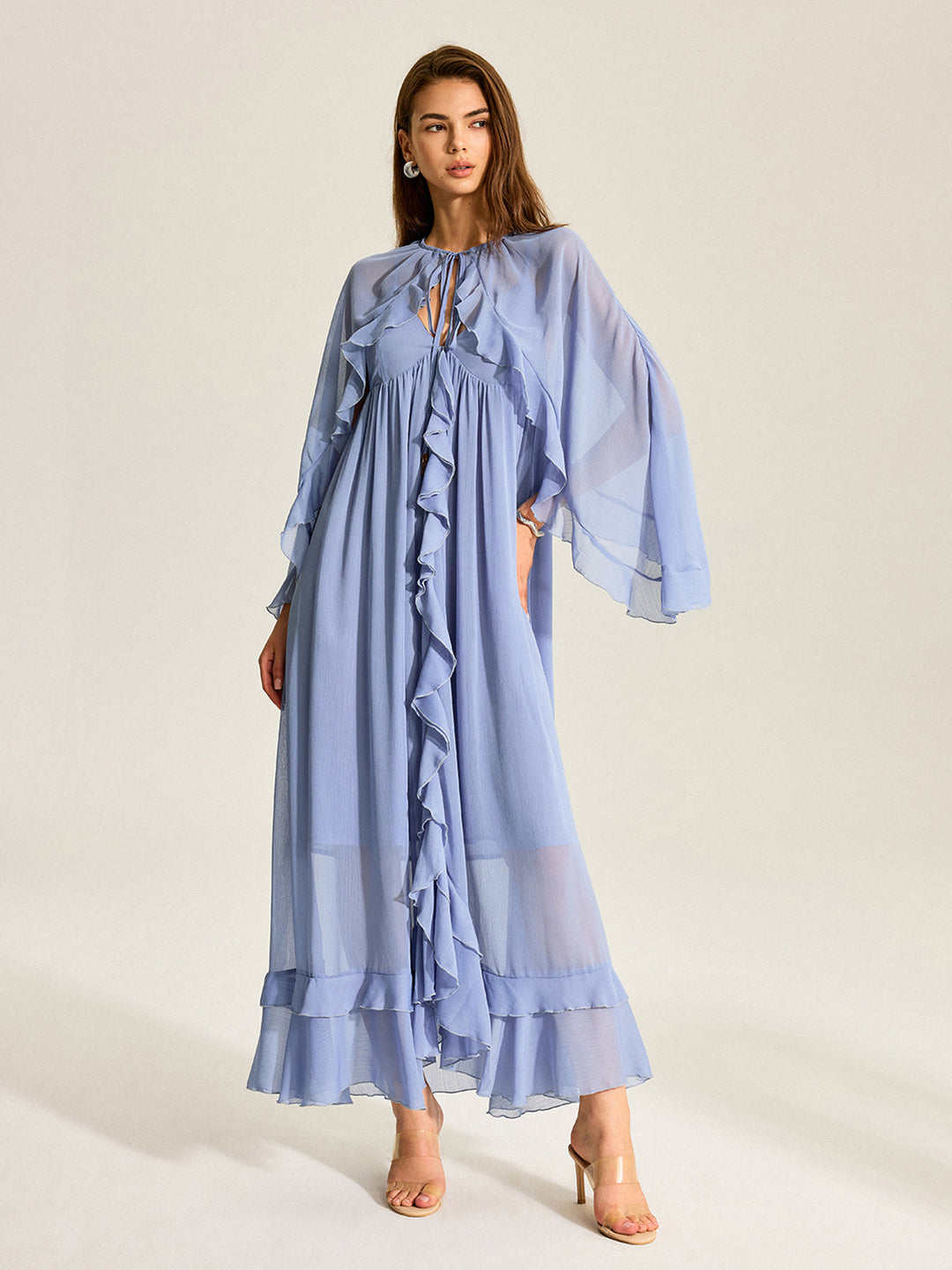 Robe Deux Pièces en Mousseline Volantée à Cape Semi-Transparente