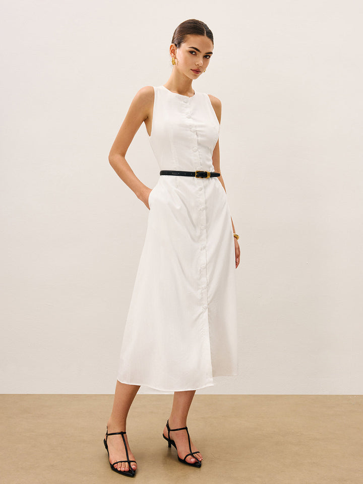 Robe sans manches en coton et lin avec boutonnage sur le devant sans ceinture