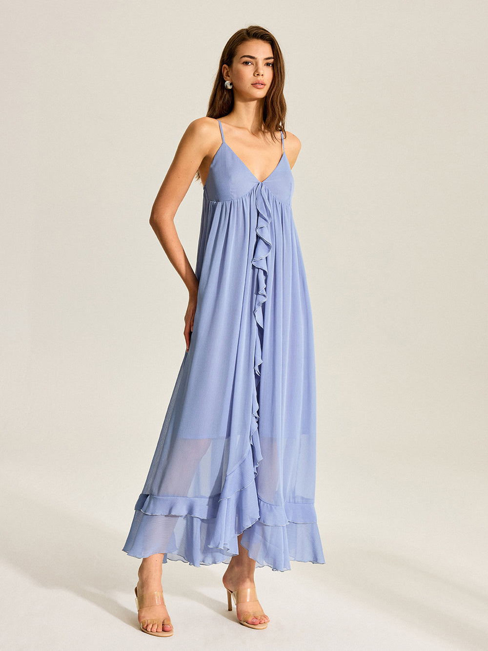 Robe Deux Pièces en Mousseline Volantée à Cape Semi-Transparente