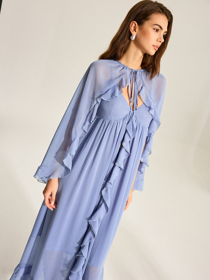 Robe Deux Pièces en Mousseline Volantée à Cape Semi-Transparente