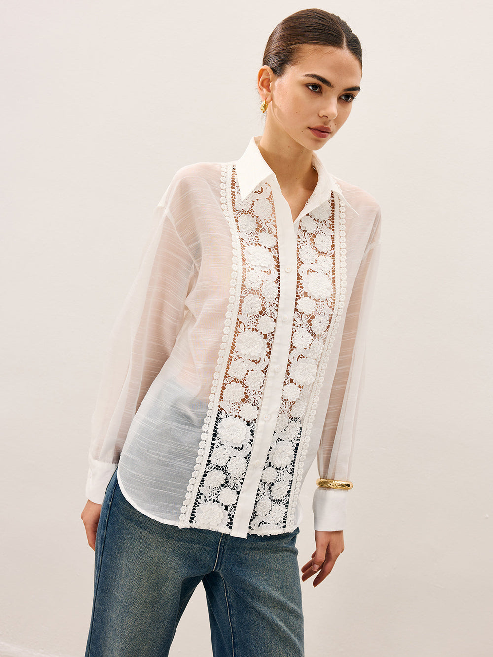 Blouse à Volants en Dentelle Transparente