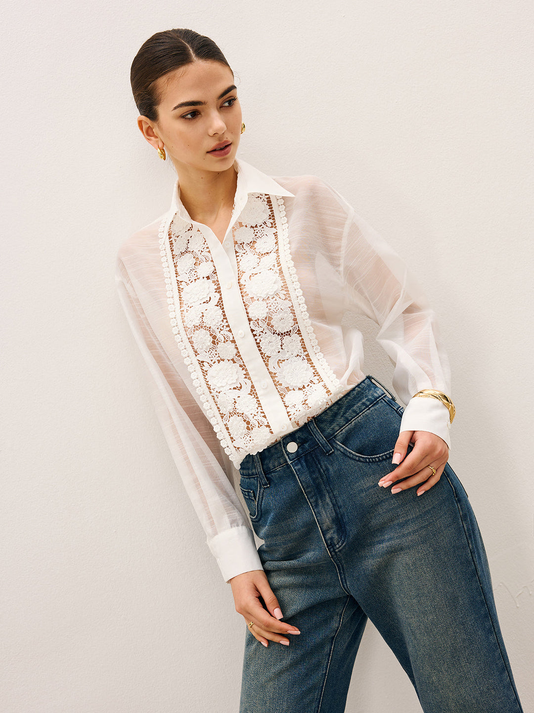 Blouse à Volants en Dentelle Transparente