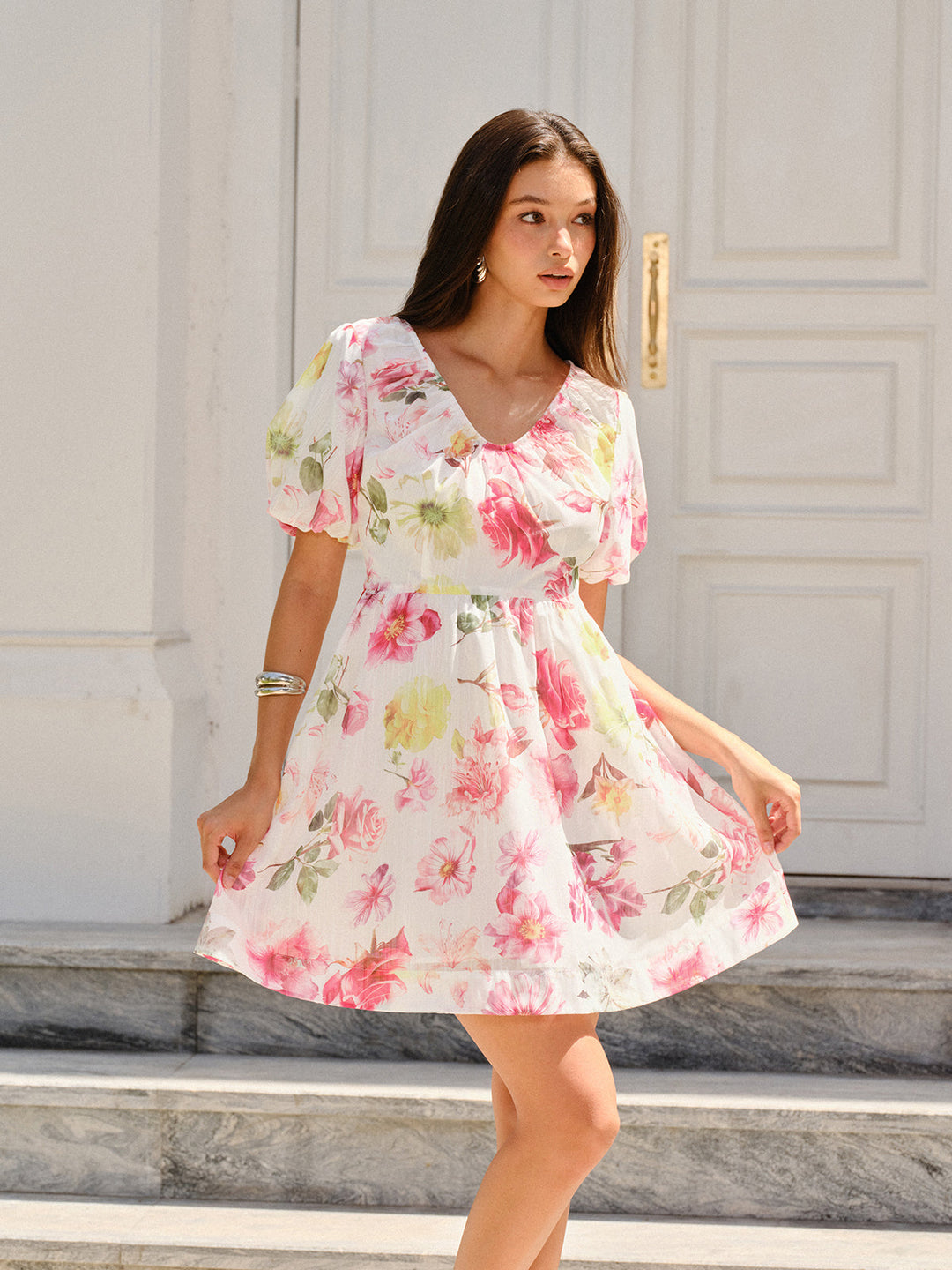 Robe à Manches Bouffantes Imprimé Fleuri