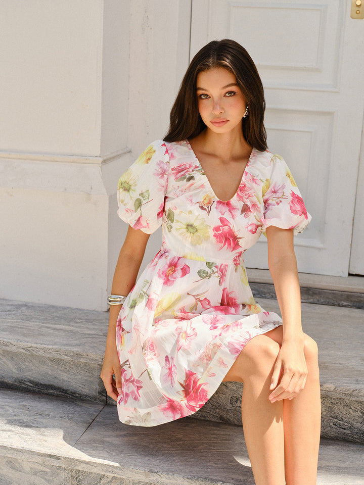 Robe à Manches Bouffantes Imprimé Fleuri