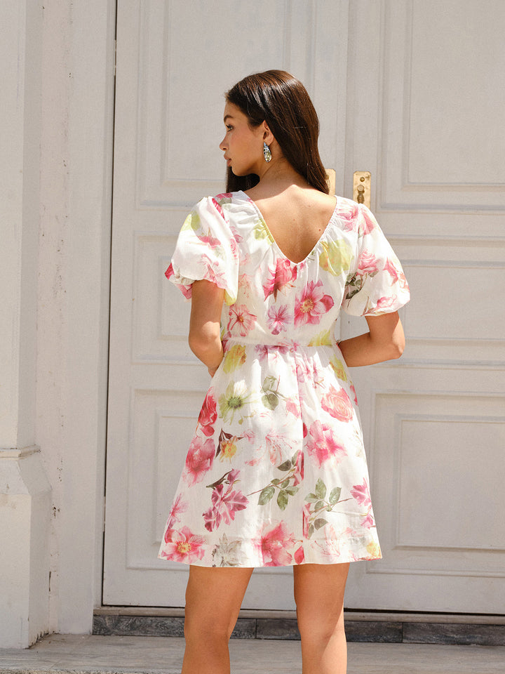 Robe à Manches Bouffantes Imprimé Fleuri