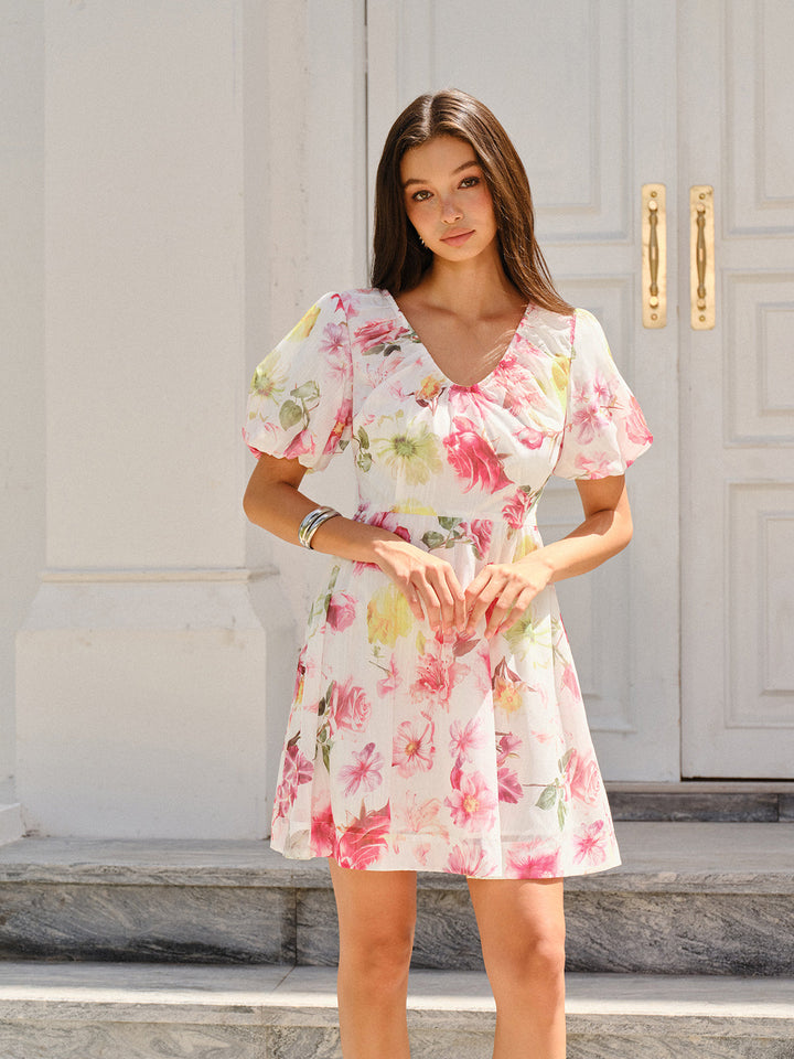 Robe à Manches Bouffantes Imprimé Fleuri