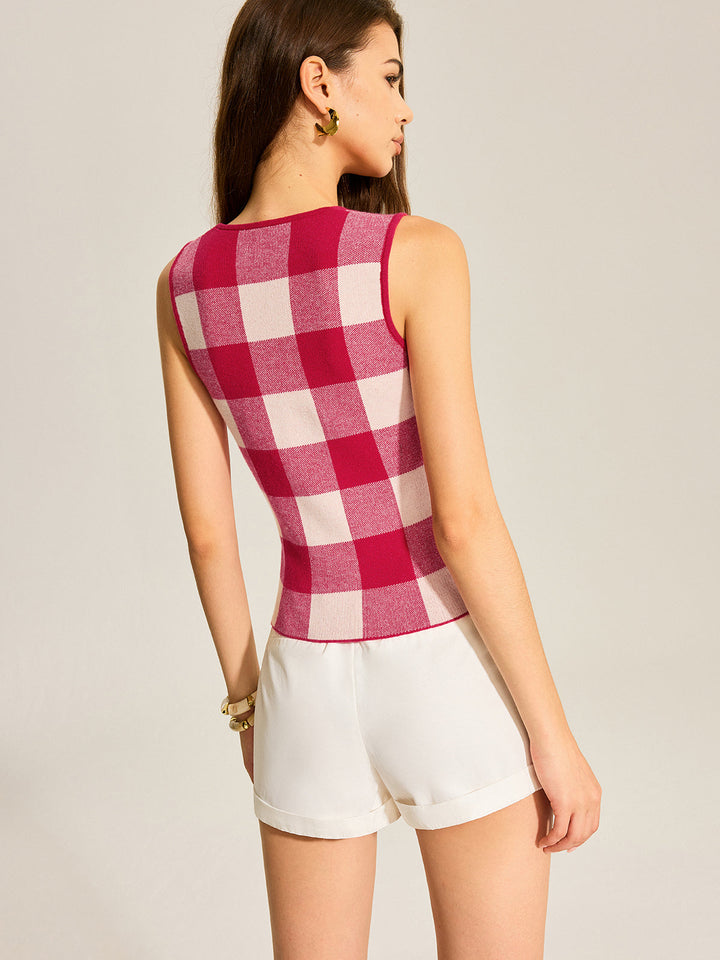 Gilet en tricot à devanture boutonnée à carreaux