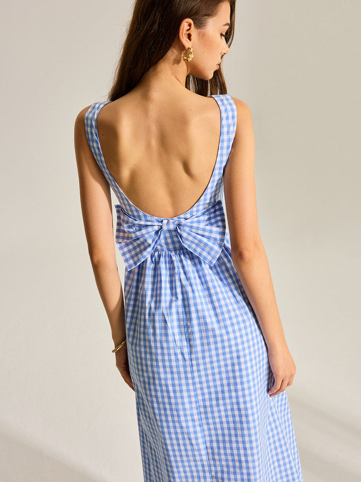 Robe Sans Manches à Carreaux à Nœud Arrière