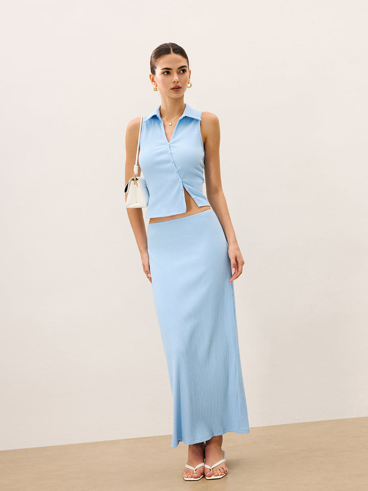 Ensemble Haut Court Sans Manches et Jupe Maxi